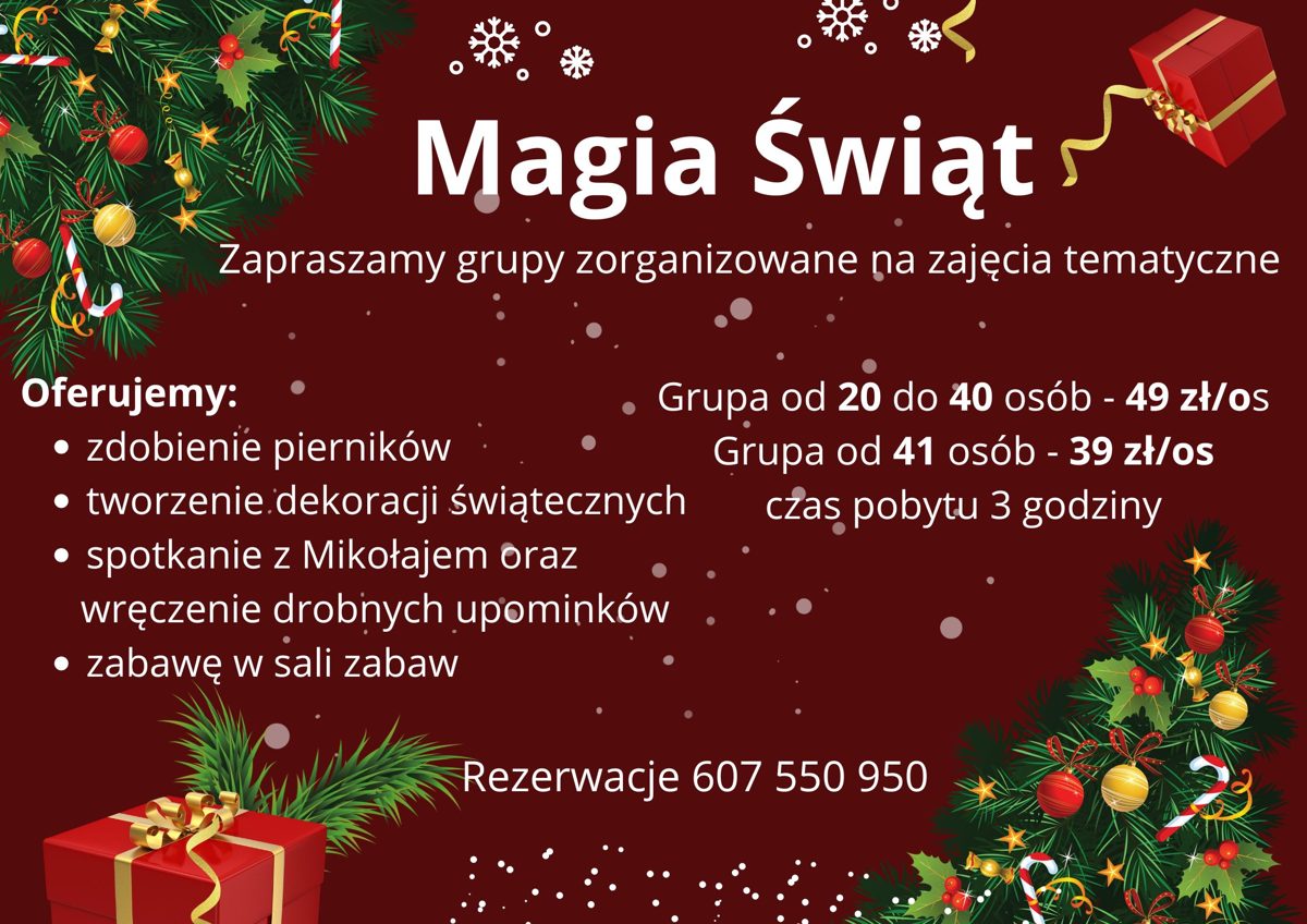 Magia Świąt w Centrum Kolorado: zdobienie pierników, dekoracje świąteczne, spotkanie z Mikołajem. Grupa od 20 do 40 osób 49 zł za osobę, od 41 osób 39 zł za osobę, czas pobytu 3 godziny